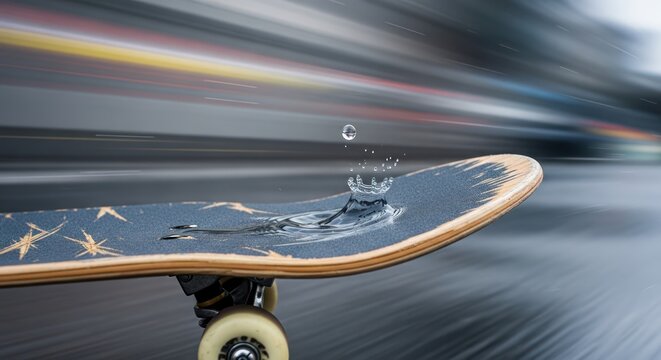 Liquid sculpture on a speeding skateboard offering an abstract display of motion captured in a