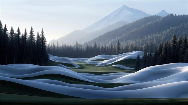 A picturesque golf course covered in snow, surrounded by a dense pine forest and majestic mountains, bathed in soft morning light.