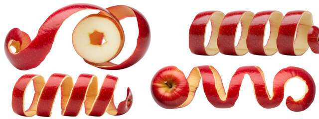 Four stages of peeling a shiny red apple.