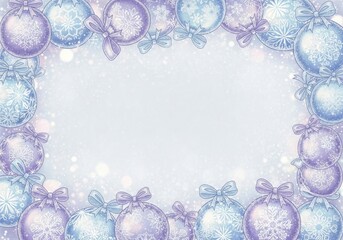 Winter frame with blue and purple snowflake ornaments, sparkling bokeh