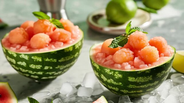 Two watermelon bowls filled with melon balls and mint leaves