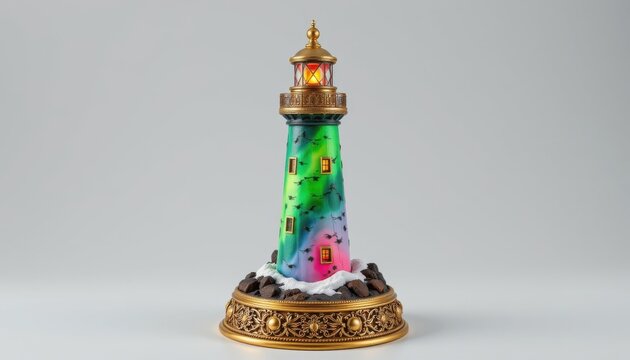 ultra detailed arctic lighthouse crafted from gold detailed stand, showcasing color shifting northern lights effect, showing delicate craftsmanship, isolated on pure white background, ultra sharp