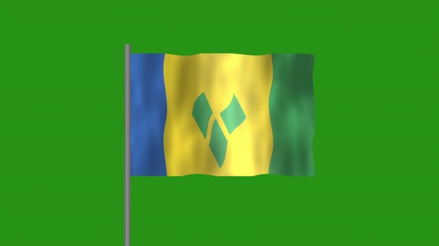 Flag of Saint Vincent and the Grenadines, Pole flag of Saint Vincent and the Grenadines on Green screen chroma key, Saint Vincent and the Grenadines 3D Animation flag waving in the wind isolated on Gr