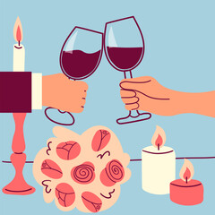 Couple Having Dinner , Couple sitting in a restaurant, Romantic Dining Vector hand drawn illustration Valentine day concept for web , banner and card design .