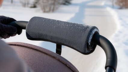 Close-up of a stroller handle with a warm cover lightly dusted with snow, highlighting a stroller handle warmer for child comfort and winter walks