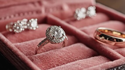 Closeup of sparkling diamond engagement ring and gold wedding band resting in a plush pink velvet jewelry box next to other diamond pieces - Powered by Adobe