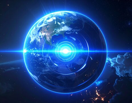 Glowing Earth surrounded by neon blue rings in space