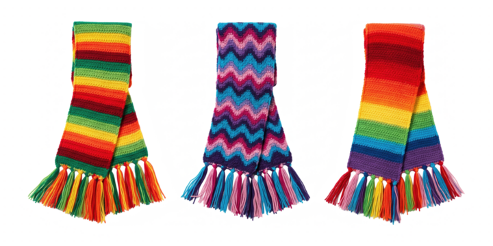 Bright knitted scarves isolated on transparent background