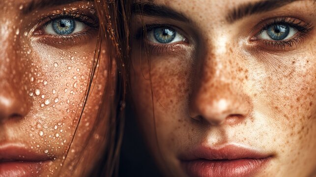 Close-up of two women's faces, showcasing beauty and natural skin textures.
