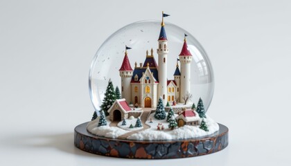 mini castle in snow design using polished resin base, accented with rotating inner scene, showing delicate craftsmanship, isolated on pure white background, ultra sharp, minimal to no shadow.