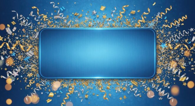 Blue banner, gold and silver confetti, stars, ribbons, festive background - Powered by Adobe