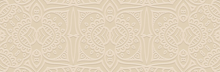 Banner, cover design, mural. Elegant geometric 3D ethnic pattern on a light background, embossed. Handmade. Ornaments, arabesques, and mandalas of the East, Asia, India, Mexico, Aztecs, and Peru.