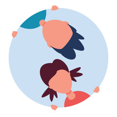 Top View Of Two Children Embracing In A Light Blue Circle With A White Background Representing Unity And Friendship