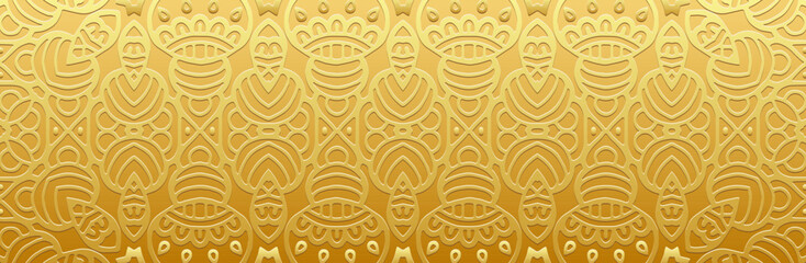 Banner, tribal cover design, mural. Geometric embossed decorative gold pattern, ornament, mandala. Handmade. Motifs of the East, Asia, India, Mexico, Aztec, Peru.