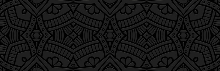 Banner, cover design, mural. Geometric ethnic exotic 3D pattern on a black background, embossed. Handmade. Ornaments, arabesques, mandalas of the East, Asia, India, Mexico, Aztec,  Peru