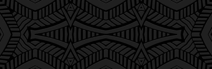 Banner, cover design, mural. Unique 3D geometric ethnic pattern on a black background, embossed. Handmade. Ornaments, arabesques, mandalas of the East, Asia, India, Mexico, Aztecs,  Peru.