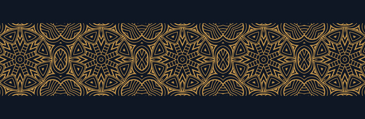 Banner, cover design, mural. Geometric ethnic decorative pattern, blue background. Handcrafted style. Tribal ornaments, arabesques, mandalas. Traditions of the East, Asia, India, Mexico, Aztecs, Peru.