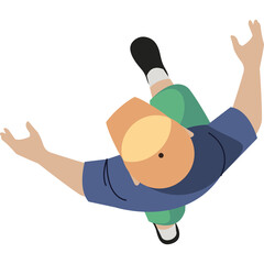 Top view of a person wearing a blue t-shirt and green shorts with arms outstretched and a hat on a transparent background