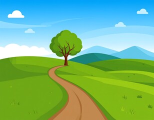 Obraz premium Cartoon-style illustration of a sunny countryside with a winding path
