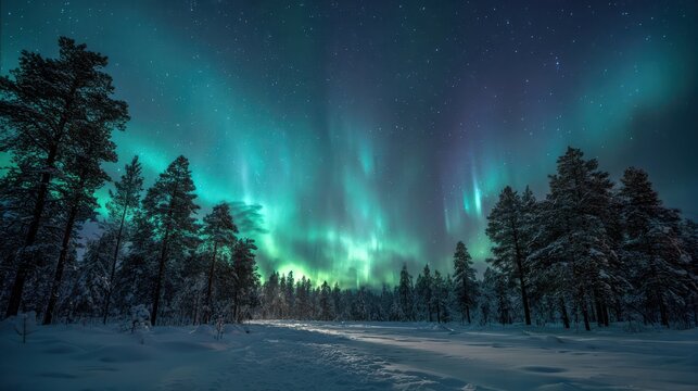 Snowy forest under vibrant green aurora borealis at night northern lights