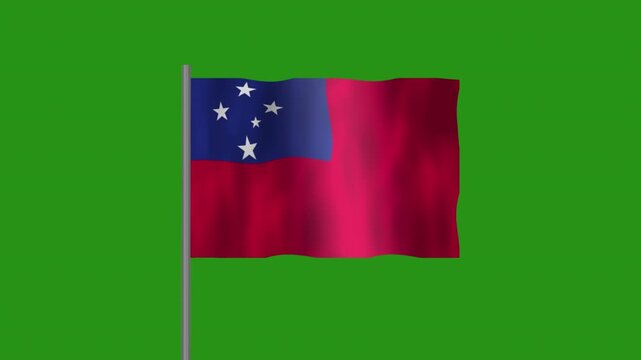 Flag of Samoa, Pole flag of Samoa on Green screen chroma key, Samoa 3D Animation flag waving in the wind isolated on Green Background. 
