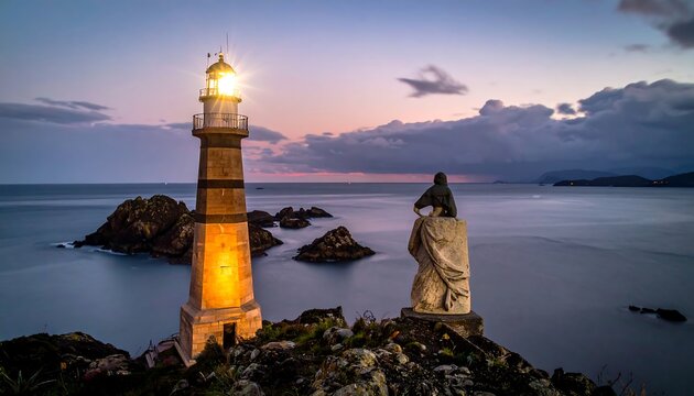 Coastal view at dusk with a lighthouse and a statue