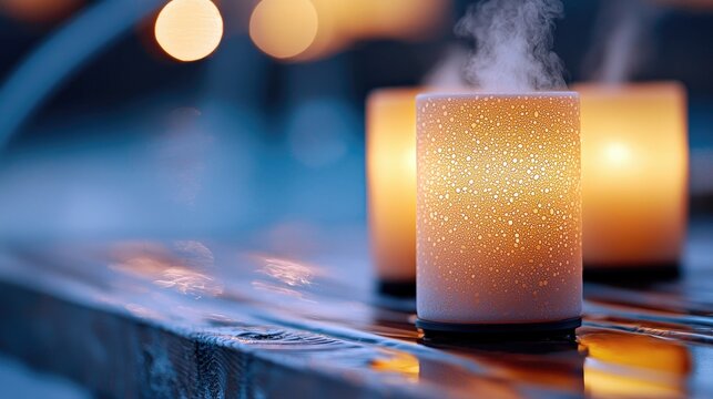 Three illuminated, textured cylindrical luminaries emitting steam, arranged on a wet wooden surface with a soft bokeh background of warm lights.