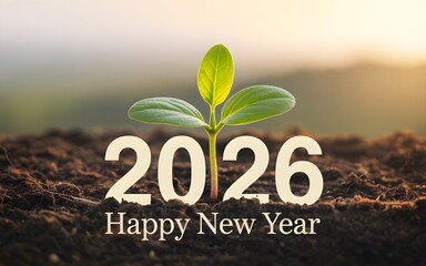 Young Plant Sprouting From Soil With 2026 And Happy New Year Text growth