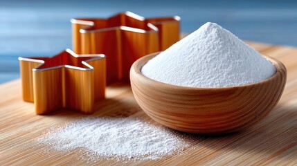 A close-up shot of star-shaped cookie cutters and a wooden bowl filled with white powder, likely flour or sugar, on a wooden cutting board. The scene is lit wit