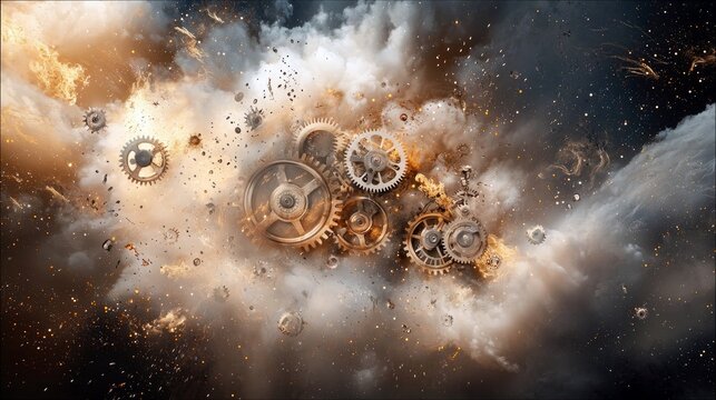 A cluster of intricate steampunk gears and mechanical components are suspended within a swirling cosmic nebula. Wisps of smoke and golden sparkles fill the dark