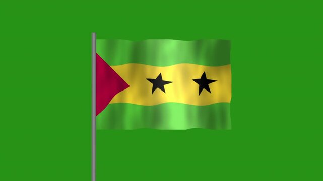 Flag of São Tomé and Príncipe, Pole flag of São Tomé and Príncipe on Green screen chroma key, São Tomé and Príncipe 3D Animation flag waving in the wind isolated on Green Background.