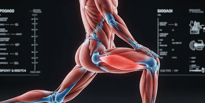 Anatomical illustration of a human body in a lunge position, highlighting muscle groups.