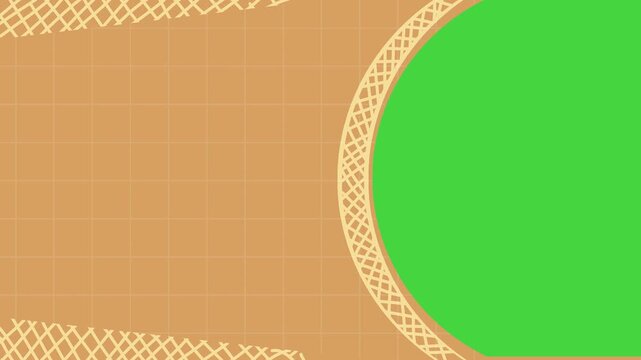 Contrasting green circle dividing the background area, Orange-brown grid background with scribble textures in corners, Thick hand-drawn woven border distinct stop motion style
