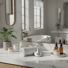 Fototapeta premium Modern beauty station setup with a facial toning tool and serums arranged on a marble surface.