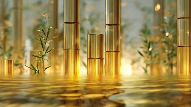 Golden bamboo stalks reflecting in water with soft bokeh background