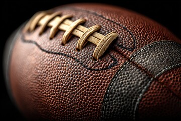 Close-up view of a textured brown leather football showcasing intricate stitching details, emphasizing craftsmanship and the spirit of competitive sports and teamwork