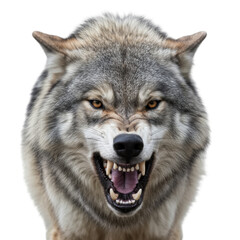 Fototapeta premium Fierce Wolf Snarling Portrait with Intense Eyes Against a Black Background