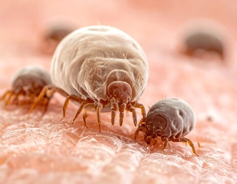 Close-up illustration of microscopic mites on a bumpy surface