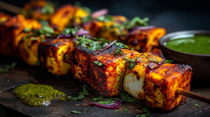 paneer tikka cubes on skewers, charred edges, orange-red marination, smoky Indian flavors, served with green chutney