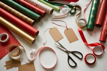 Creative chaos: an assortment of gift wrap, string, tape, and tags on a rustic worktable, ready for present wrapping and crafting