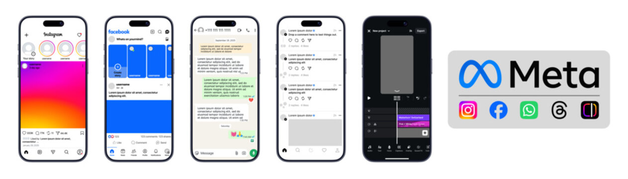 Meta Social Media UI Mockups. Instagram, Facebook, WhatsApp & Threads by Meta High-Quality Meta App Screens Collection for Instagram, Facebook & WhatsApp Interfaces