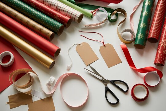 Creative chaos: an assortment of gift wrap, string, tape, and tags on a rustic worktable, ready for present wrapping and crafting