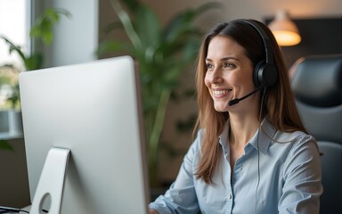 Mature woman, agent and talking with headset on computer for online advice or customer service. Female person, consultant or employee with mic or technology for virtual assistance at call center