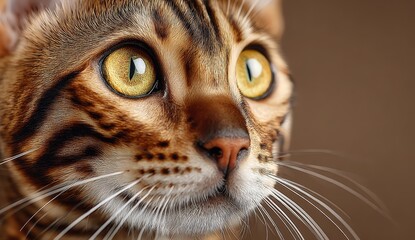 Close-up of a domestic cat with striking golden eyes and distinctive fur patterns, showcasing its curious expression and intricate details in a soft, blurred background