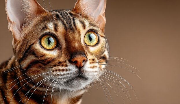 Striking close-up of a Bengal cat with vivid green eyes and distinctive coat patterns, showcasing its unique features and captivating expression in a soft, neutral background