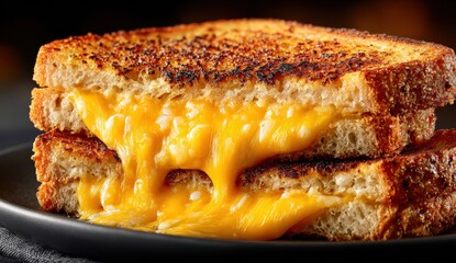 Grilled cheese sandwich with melted cheese oozing from crispy toasted bread, served on a black plate, showcasing delicious comfort food and culinary delight
