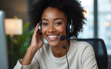 Happy black woman, call center and smile for consulting, customer service or support in telemarketing at office. African female consultant or virtual assistant talking on headphones for online advice