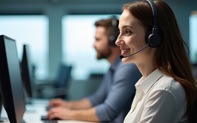 Modern Call Center Service Concept – Professional Customer Support Agents with Headsets in Office Environment, Ideal for Business Communication, Technical Assistance, and Remote Helpdesk Solutions