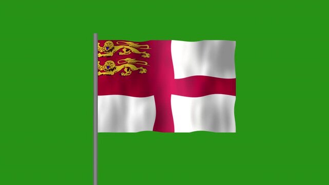 Flag of Sark, Pole flag of Sark on Green screen chroma key, Sark 3D Animation flag waving in the wind isolated on Green Background. 
