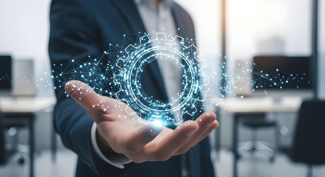 Businessman holding a glowing digital network circle in his palm, symbolizing global connection, innovation, data exchange, and future technology in a modern office environment